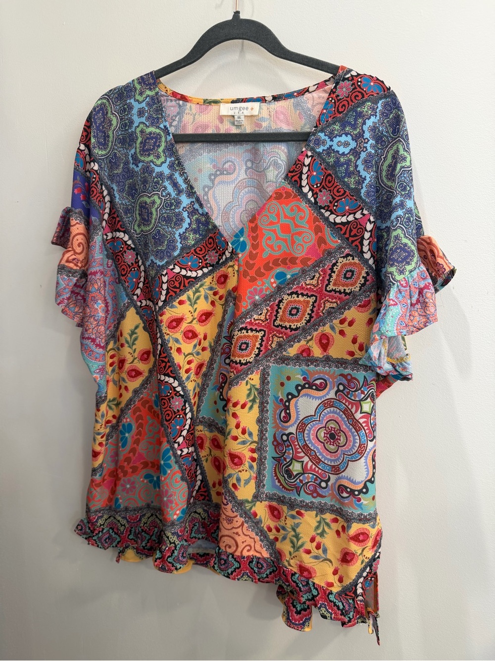 Umgee Multicolor Boho Patchwork V-Neck Blouse - Picture 2 of 6